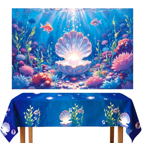 Mermaid Backdrop Under The Sea Party Decorations Underwater Ocean Scene with Giant Shell & Pearl, Coral Reef Fish Aquarium Background Tablecover Set for Photography Kids Birthday Baby Shower - size: 10x6.5 FT+9x4.5 FT