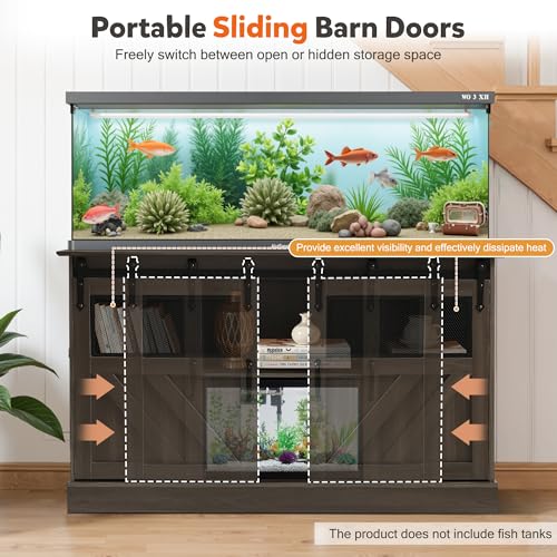 55-75 Gallon Large Fish Tank Stand with Power Outlet, Heavy Duty Aquarium Stand with Sliding Barn Doors, Turtle Reptile Terrarium Stand with Cabinet for Accessories Storage, 1300LBS (Gray)