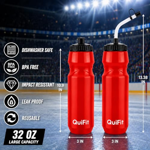 QuiFit Lacrosse Water Bottle with Long Straw, Hockey 1 Liter Water Bottles | 2 Lids Each, BPA Free Squeeze Lightweight, Leakproof Dishwasher Safe, For Helmet, Baseball (Red) - color: Red