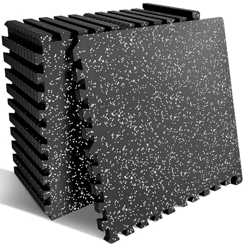 0.56-Inch Thick 48 Sq ft Exercise Equipment Mats | 12 Tiles Interlocking High-Density EVA Foam Rubber Puzzle Gym Flooring for Home Gym & Heavy Weight Workouts, 24 x 24 in Black/Gray