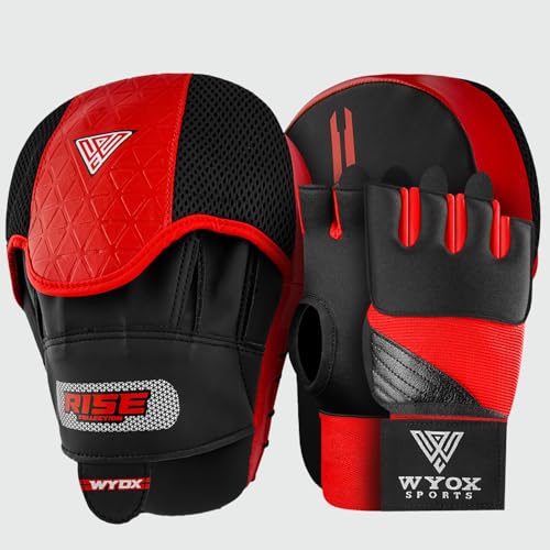 WYOX Gel Boxing Hand Wraps & Curved Focus Mitts Bundle for Men & Women Adults – 80cm Wrist Straps, Padded Knuckle Support, Neoprene Inner Glove Gel Padding, MMA Muay Thai Kickboxing Training Pads