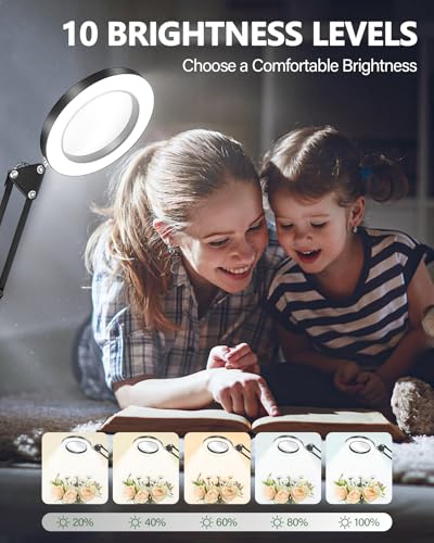 TANYO 10X Magnifying Glass with Light, Real Glass Len Magnifier with Light with 3 Color Mode Dimmable, Dual Swing Arm Hands Free LED Desk Magnifier Lamp for Jewelry Sewing Crafts Embroidery Repair
