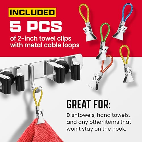 Wall Mount Hanger for Brooms & Mops - Adhesive Stainless Steel Mops & Broom Holder, 4 Clamps, 3 Hooks, & 5 Towel Hanger Clips Including Mounting Hardware for Utility Room Organization - style: 1-Pack