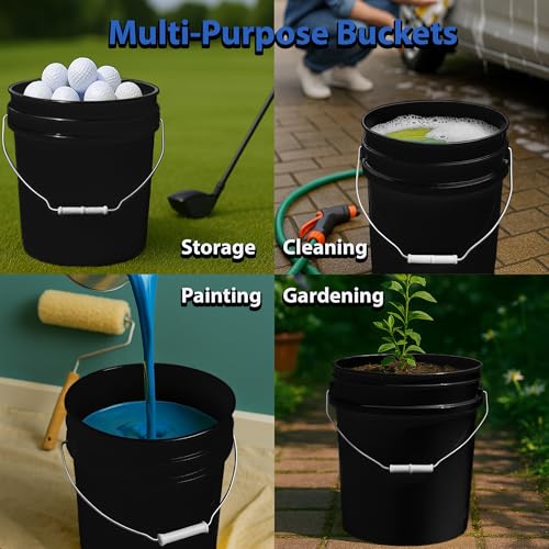 5-Gallon Bucket with Airtight Lid – Made in USA, Food Grade BPA Free Plastic, Heavy Duty Multi-Use, Metal Handle with Grip, Stackable Storage – Black, 6 Pack