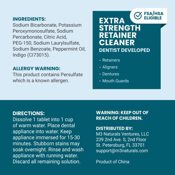 Retainer Cleaner Tablets, Denture Cleaner, Mint, 2 Month Supply by M3 | Compatible with Retainer Cleaner Machine & Ultrasonic Retainer Cleaner, Helps Remove Tough Stains, Buildup, Odors & Plaque - size: 60 Count