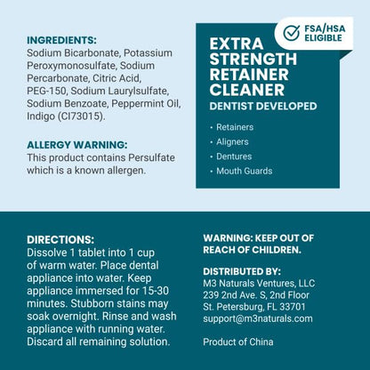 Retainer Cleaner Tablets, Denture Cleaner, Mint, 2 Month Supply by M3 | Compatible with Retainer Cleaner Machine & Ultrasonic Retainer Cleaner, Helps Remove Tough Stains, Buildup, Odors & Plaque - size: 60 Count