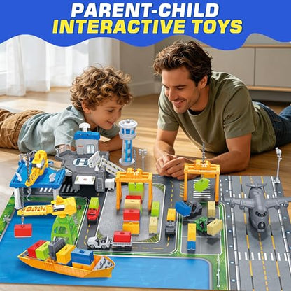 Cargo Ship Toy & Airplane Toy, Toy Boat and Gantry Crane Playset with Play Mat, Transport Containers, Push and Go Vehicle Cars, Kids Play Boats for Boys Girls