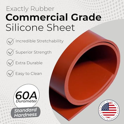 Exactly Rubber - Commercial Grade Silicone Sheet, 60A Durometer Silicone Mat, -80 to 450°F Temperature Resistant Rubber Mat, Rubber Sheet with 350% Elongation, Made in The USA, 1/16 x 9" x 12", Red