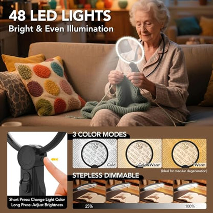 2500mAh Magnifying Glass with Light, 5X Hands Free Magnifier for Reading, Sewing, Knitting, Cross Stitch & Crafts, Rechargeable Lighted Magnifier for Seniors