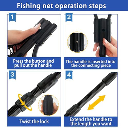 Telescoping Rubber Fishing Net with Handle 64"/46“ Long Silicone Large Fish Landing Net Kayak/Fishpond/Saltwater Extendable Fishing Gear Accessories - color: Black:Upgraded Metal Lock|length:63.8"