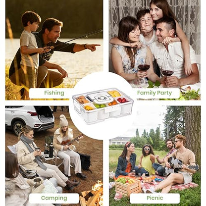 Portable Snackle Box Container with Ice Pack – 8-Compartment Snack Tray with Lid, Divided Serving Tray & Drain Trays, Ideal Charcuterie Snack Cooler for Picnic, Travel & Parties