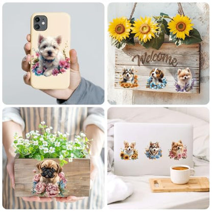 Peacoblue 18 Sheets Rub on Transfers for Crafts, Dog and Flowers 3.6"x3.9" UV DTF Cup Wraps Waterproof Rub on Cold Transfers Stickers for Wood Glass Metal Cup Tumblers Mirrors Mugs Home Decor - style: Dog and flowers