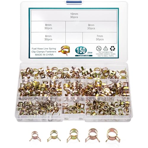 150 Pcs Fuel Line Spring Hose Clamps, Spring Band Type Spring Clips Clamps Kit, Silicone Vacuum Hose Water Pipe Air Tube Low Pressure Clamps Fastener Assortment Kit - 6mm/7mm/8mm/9mm/10mm
