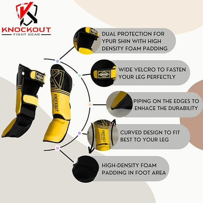 Muay Thai Shin Guards MMA Martial Arts -Padded, Adjustable Leg Guards with Instep Protection for Training and Sparring Gear Kickboxing Equipment – Durable, Professional - color: Black/Yellow, size: XS-CH