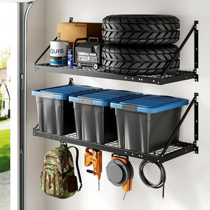 FLEXIMOUNTS 2-Pack 2x4 ft Garage Wall Shelving with 4 Hooks, Black
