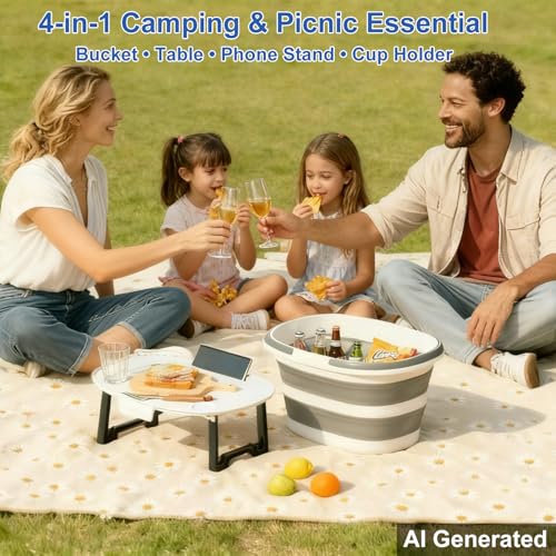 Collapsible Bucket with Multi-Function Lid, 4.2 Gallon (16L) 4-in-1 Foldable Bucket for Camping, Fishing, Car Wash, Foot Soak & Toy Storage, Portable Space Saving Bucket