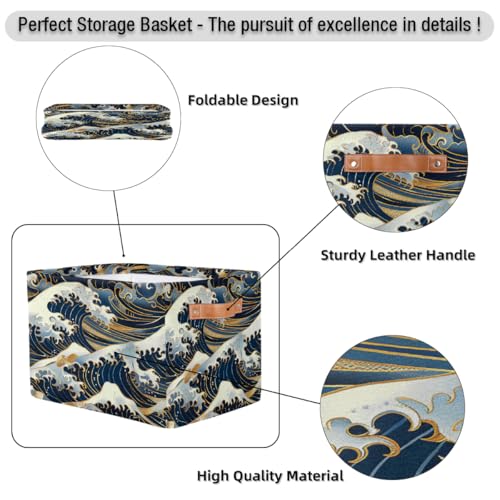 Ocean Waves Japanese Storage Basket with Handles Collapsible Storage Bins Rectangular Toy Storage Organizer Box Fabric Shelf Baskets for Nursery Bedroom Bathroom 1PC
