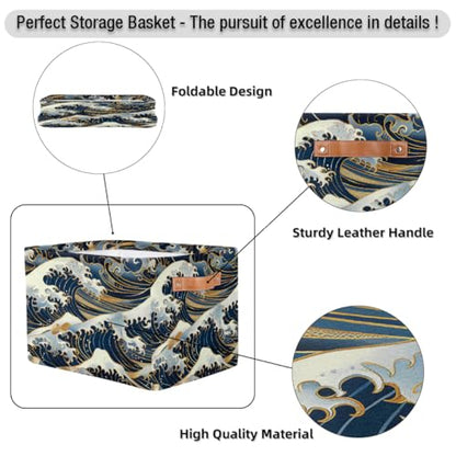 Ocean Waves Japanese Storage Basket with Handles Collapsible Storage Bins Rectangular Toy Storage Organizer Box Fabric Shelf Baskets for Nursery Bedroom Bathroom 1PC