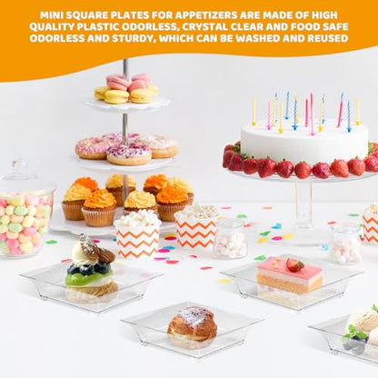 100 Pack 1 oz mini Square Dessert Plates for Appetizers，Mini Plastic Plates with Spoons，Reusable Square Small Party Serving Bowls for Trifle, Cheesecake, Ice cream