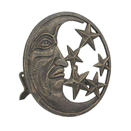 Zeckos Cast Iron Crescent Moon Face and Stars Decorative Wall Mounted Hanging Garden Hose Hanger Bronze Finish - Outdoor Hose Holder Décor - 12 Inches in Diameter - color: Moon & Stars - Bronze