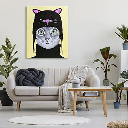 Stupell Industries Adorable Grey Cat Wearing Hat Black Turtleneck Yellow Background, Design by Coco de Paris - size: 36"L x 48"W
