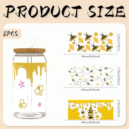 24pcs Cute Bees UV DTF Cup Wrap,UV DTF Cup Wraps for 16 oz,Glasses,Tables,Chairs,Computers,High Viscosity UV DTF Transfer Paper - style: Cute bees