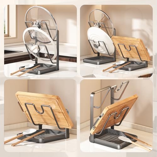 Pot Lid Holder With Drip Tray 2-In-1 Kitchen Countertop Organizer For Pot Lids, Cutting Boards, And Utensils, Space-Saving Design With Easy-Clean Drainage Tray, Black Metal