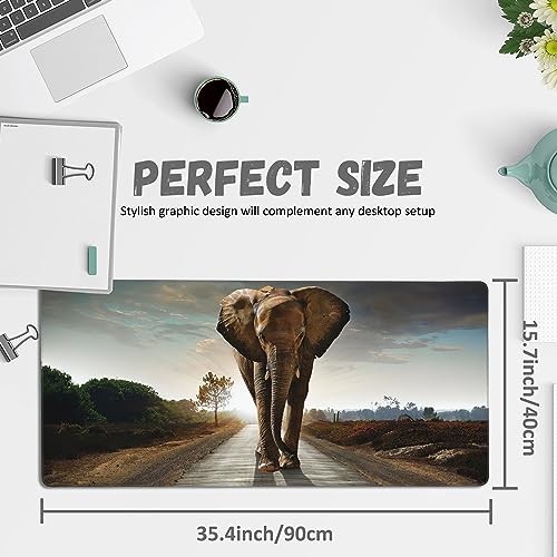 Extended Gaming Mouse Pad Elephant Walking in Road Large Mousepad with Stitched Edges,Anti-Slip Rubber Base Keyboard Mouse Mat Desk Pad for Gaming Home Office 35.4 x 15.7 inches - color: Elephant Walking in Road