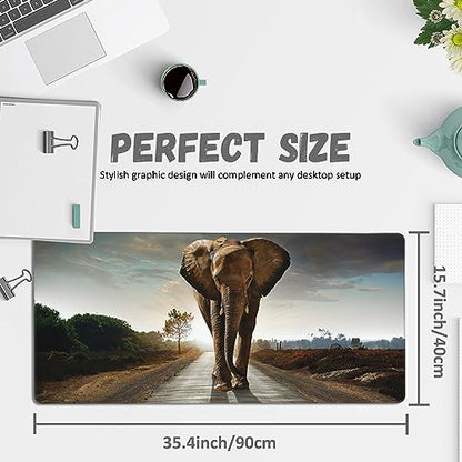 Extended Gaming Mouse Pad Elephant Walking in Road Large Mousepad with Stitched Edges,Anti-Slip Rubber Base Keyboard Mouse Mat Desk Pad for Gaming Home Office 35.4 x 15.7 inches - color: Elephant Walking in Road
