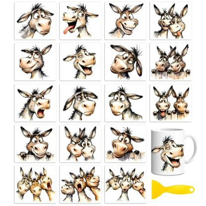 Peacoblue 18 Sheets Rub on Transfers for Crafts, Funny Donkey 3.6"x3.9" UV DTF Cup Wraps Waterproof Rub on Cold Transfers Stickers for Wood Glass Metal Cup Tumblers Mirrors Mugs Home Decor - style: Funny Donkey