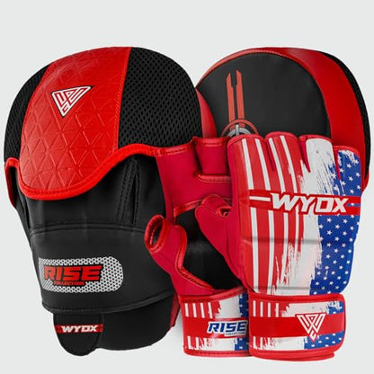 WYOX MMA Gloves & Boxing Focus Mitts Set – Hybrid Open Palm Grappling Gloves with Wrist Support + Curved Punching Pads with Gel Shock for Muay Thai, Kickboxing, Karate Training (Men & Women)