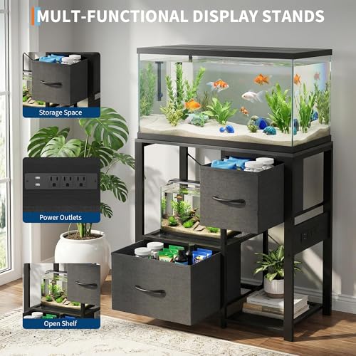 Garvee 20-29 Gallon Fish Tank Stand with Power Outlets, Heavy Duty Metal and Wood Aquarium Stand with 4-Tier Open Storage Shelves and Sturdy Legs - color: Black, size: 31.5