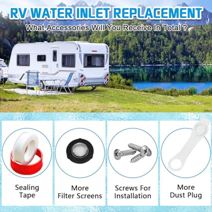 RV City Water Inlet with Check Valve, RV Fresh Water Inlet Replacement, Lead-free Brass 3/4 NH Female to 1/2 NPT Male, RV Water Inlet Connection for RV Camper Motorhome Trailer Marine, White - color: White