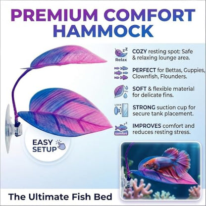 Betta Hammock - Purple Fish Leaf Bed for Bettas, Guppies and Clownfish Aquarium Decoration with Suction Cup