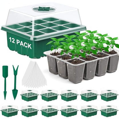 12 Pack Seed Starter Tray Seed Starter Kit (144 Cells Total Tray) with Humidity Adjustable Dome, for Seeds Growing Starting Plant Germination Trays, Mini Green House Germination Trays.