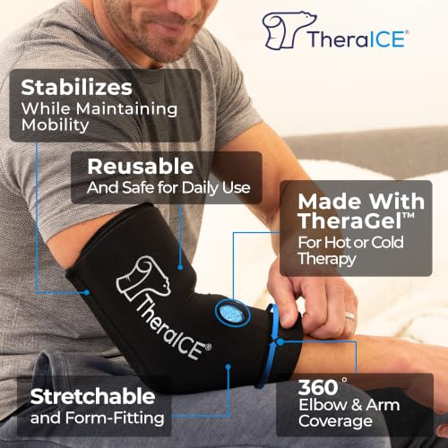 TheraICE Elbow Ice Pack Wrap, Tennis Elbow Compression Sleeve, Women & Men | Reusable Gel Cold Compression Therapy Soothes Golfers Elbow, Tendonitis and Cubital Tunnel , Flexible Slip-On Sleeve - color: Black, size: Large/X-Large