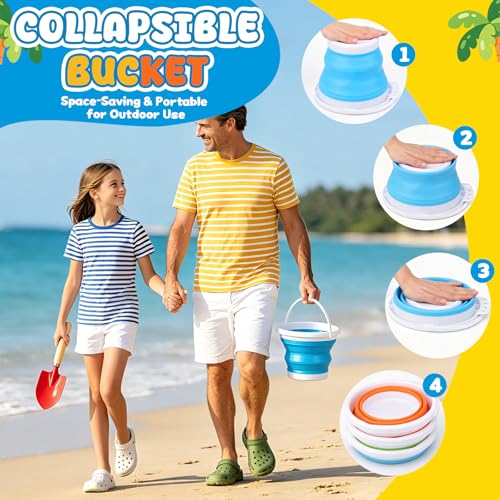Gardening Tools Set Foldable Beach Bucket with Metal Shovels for Adults, Collapsible Pails Sand Bucket for Basket Camping Gardening Fishing, Essential Travel Gadget 6PCS