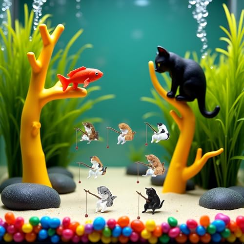 7 Pcs Cat Fishing Figurine, Cute Cat Statue Decor, Resin Mini Fish Tank Decorations Craft Sculpture for Aquarium Tanks Desk Yard Pond Indoor Outdoor