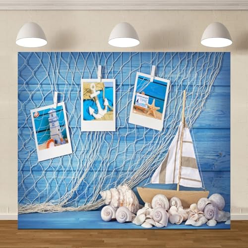 Blue Wooden Wall Nautical Backdrop Photography Sailing Adventure Rudder Seashell Sailing Wheel Helm Fishing Net Starfish Photo Backdrop Summer Nautical Party Baby Shower Birthday Background Decoration