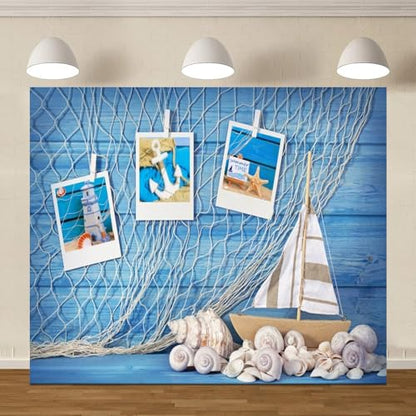Blue Wooden Wall Nautical Backdrop Photography Sailing Adventure Rudder Seashell Sailing Wheel Helm Fishing Net Starfish Photo Backdrop Summer Nautical Party Baby Shower Birthday Background Decoration