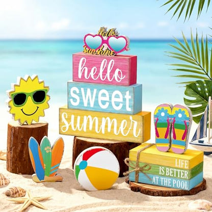 11 Pcs Summer Hawaiian Table Decorations Set Summer Tiered Tray Decor Flip Flops Centerpiece Faux Book Stack Block for Table Home Office Decorations - style: Pool