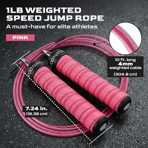 WOD Nation Weight Jump Rope for Men & Women, 1LB Adjustable Heavy Speed Rope with Removable Handle Weights, Dual Cables for Cross Training, Cardio, Home Workouts Adult Fitness Jump Rope - color: Pink