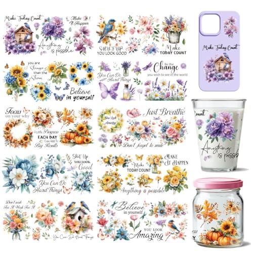 10 Pcs Flower UV DTF Cup Wraps, Floral Plants UV DTF Rub on Transfer Sticker Inspirational Quotes Waterproof Transfer Sticker Decals for 16OZ Glass Cups Water Bottle DIY Crafts - style: Flower