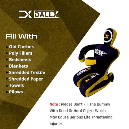 DALLX MMA Grappling Dummy BBJ Wrestling Brazilian Jiu Jitsu Punching Bag Judo Karate Throwing Boxing Fighting Dummy Self Defense Sitting Position – UNFILLED - color: Black Yellow, size: 5FT