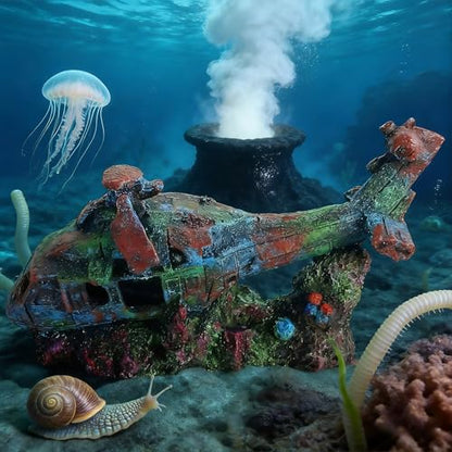Aquarium Helicopter Ruins Ornament, Realistic Resin Stone Landscaping Decor, Safe Hiding Shelter for Fish Shrimp & Turtles, Ideal for Freshwater Saltwater Tank Aquascape
