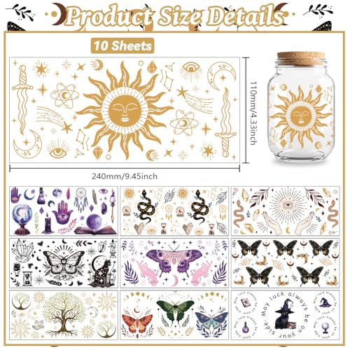 UV DTF Cup Wraps Transfer Stickers Bohemian Divination Pattern, 10 Sheets Waterproof Custom Vinyl Transfer Sticker 16oz Coffee Glass Cup Tumbler Bottle Mug Decals for Men Women - style: Bohemian Divination