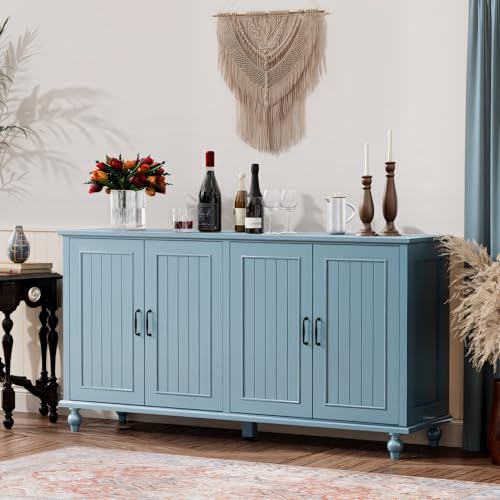 Buffet Cabinet with Storage, 62'' Coffee Bar in Kitchen, Buffet with 4 Doors,Sideboard Buffet Cabinet for Dinning Room, Kitchen & Living Room (4 Doors, Blue)