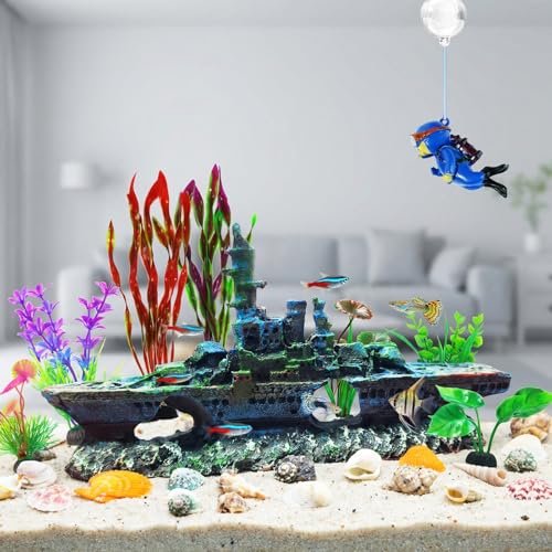 Aquarium Accessories - Resin Sunken Warship Ornament Set, Fish Castle | Betta Fish Hideout Cave, 10 Artificial Aquatic Plants, 30-40 Seashells, 1 Floating Diver, Fish Tank Shipwreck Accessories
