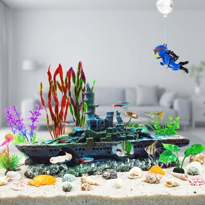 Aquarium Accessories - Resin Sunken Warship Ornament Set, Fish Castle | Betta Fish Hideout Cave, 10 Artificial Aquatic Plants, 30-40 Seashells, 1 Floating Diver, Fish Tank Shipwreck Accessories