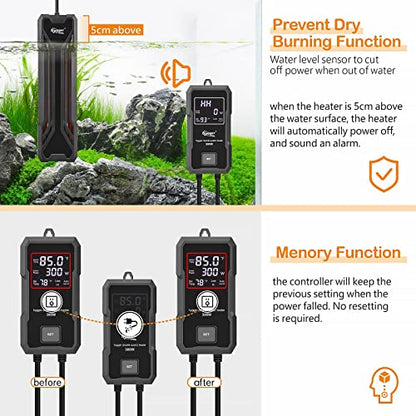 hygger Aquarium Heater 300W/500W/800W/1000W, Submersible Fish Tank Heater with Digital LED Controller and Intelligent Leaving Water Automatically Stop Heating System, for Freshwater and Saltwater - size: 300W for 40-80 Gallon